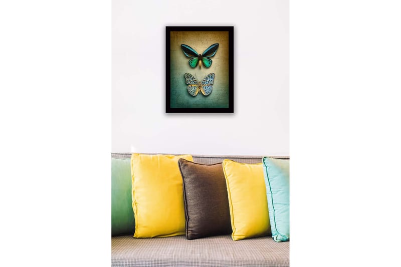 Innrammet trelerretsbilde - 41x56 cm - Fargerike sommerfugler på en teksturert bakgrunn - Grønn / Blå / Beige - Innredning - Bilder & kunst