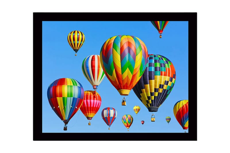 Innrammet trelerretsbilde - 41x56 cm - Fargerike varmluftsballonger som svever over en klar blå himmel, Rød / Grønn / Gul