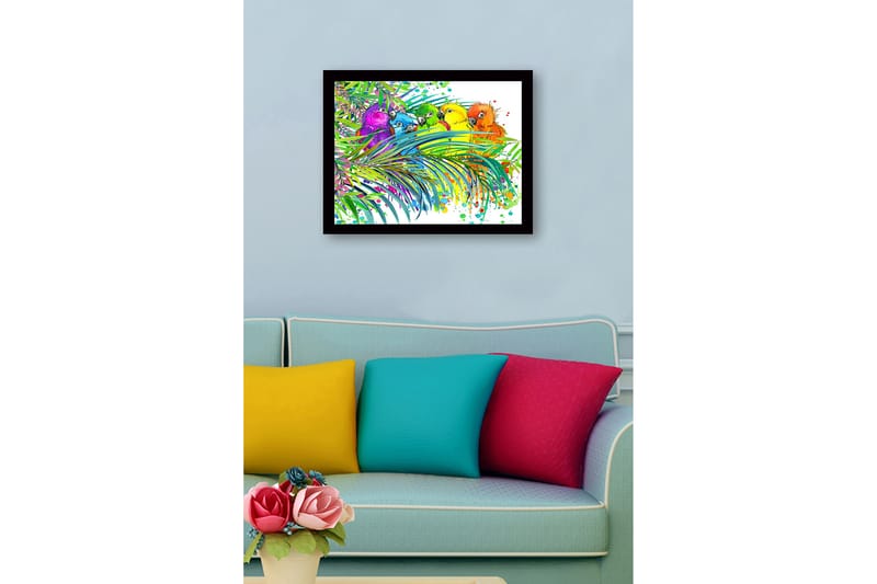 Innrammet trelerretsbilde - 41x56 cm - Fargerike papegøyer omgitt av tropiske planter - Grønn / Blå / Gul - Innredning - Bilder & kunst
