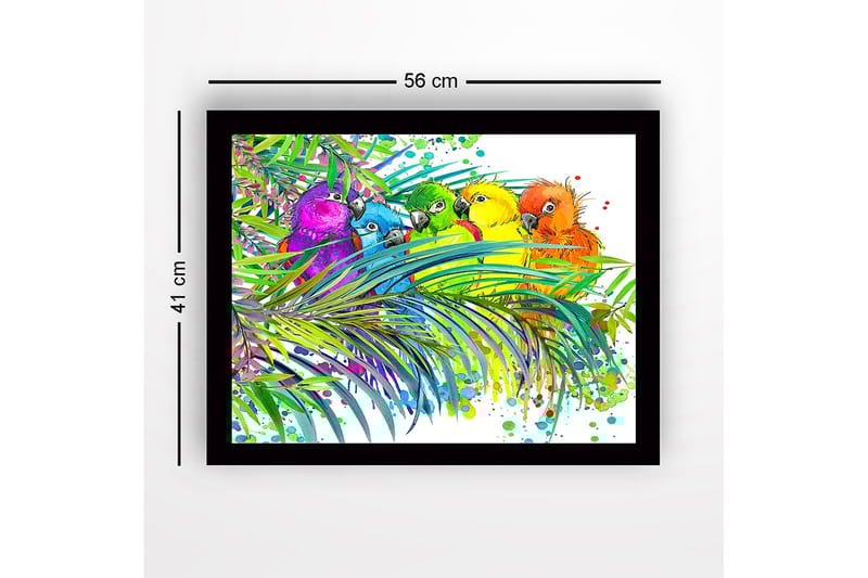 Innrammet trelerretsbilde - 41x56 cm - Fargerike papegøyer omgitt av tropiske planter - Grønn / Blå / Gul - Innredning - Bilder & kunst