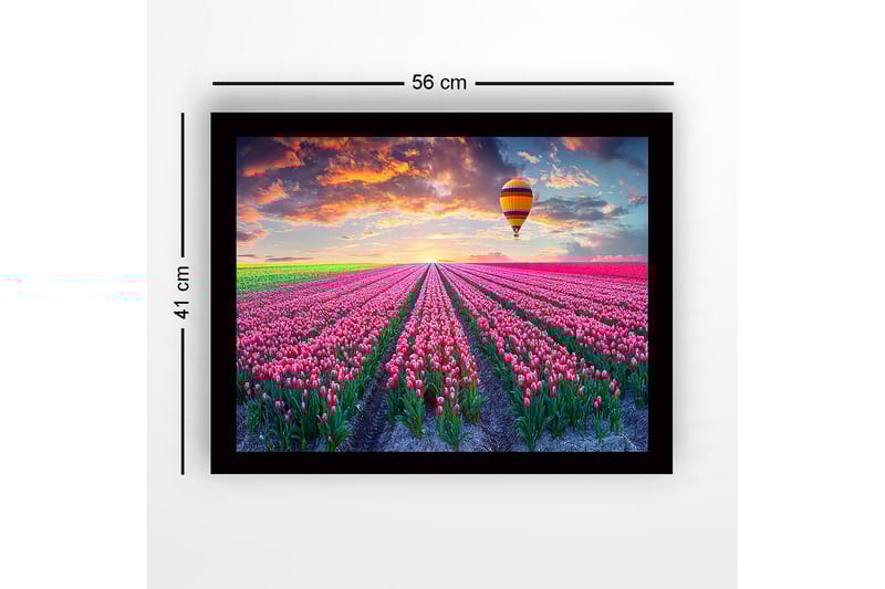 Innrammet trelerretsbilde - 41x56 cm - Felt med fargerike tulipaner under en ballong ved solnedgang - Rosa / Grønn / Oransje - Innredning - Bilder & kunst