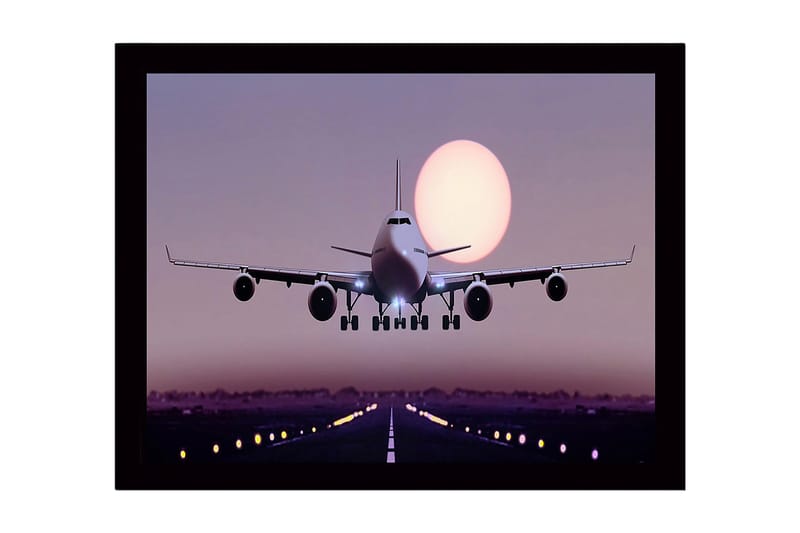 Innrammet trelerretsbilde - 41x56 cm - Flylanding ved solnedgang - Lilla / Rosa / Svart - Innredning - Bilder & kunst