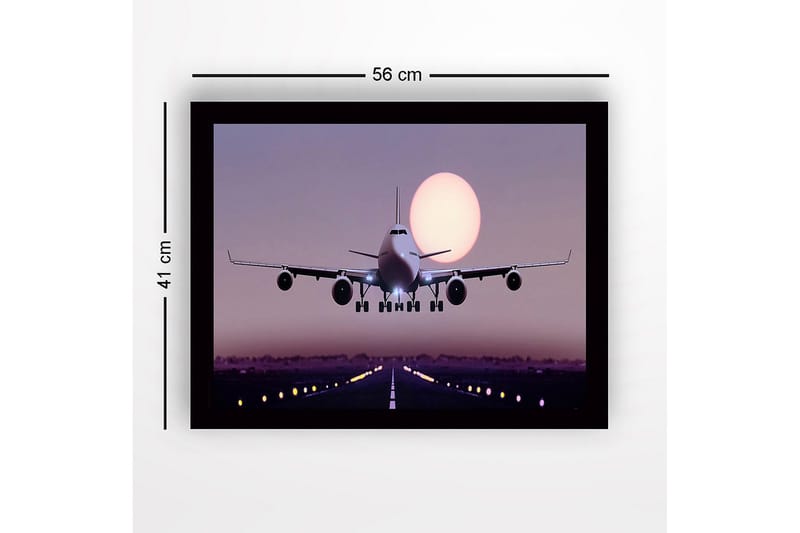 Innrammet trelerretsbilde - 41x56 cm - Flylanding ved solnedgang - Lilla / Rosa / Svart - Innredning - Bilder & kunst