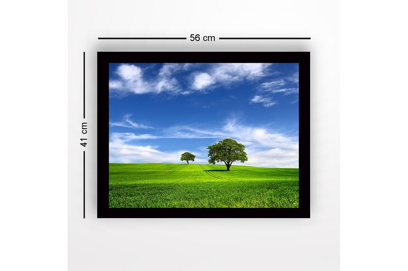 Innrammet trelerretsbilde - 41x56 cm - Frodig landskap med to trær under en blå himmel - Grønn / Blå - Innredning - Bilder & kunst