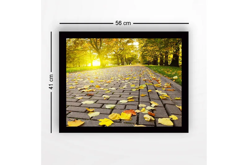 Innrammet trelerretsbilde - 41x56 cm - Gyldne høstblader på en asfaltert vei - Gul / Oransje / Brun - Innredning - Bilder & kunst