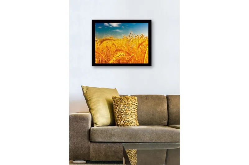 Innrammet trelerretsbilde - 41x56 cm - Gyldne hveteåkre under en klar himmel - Gull / Blå / Grønn - Innredning - Bilder & kunst