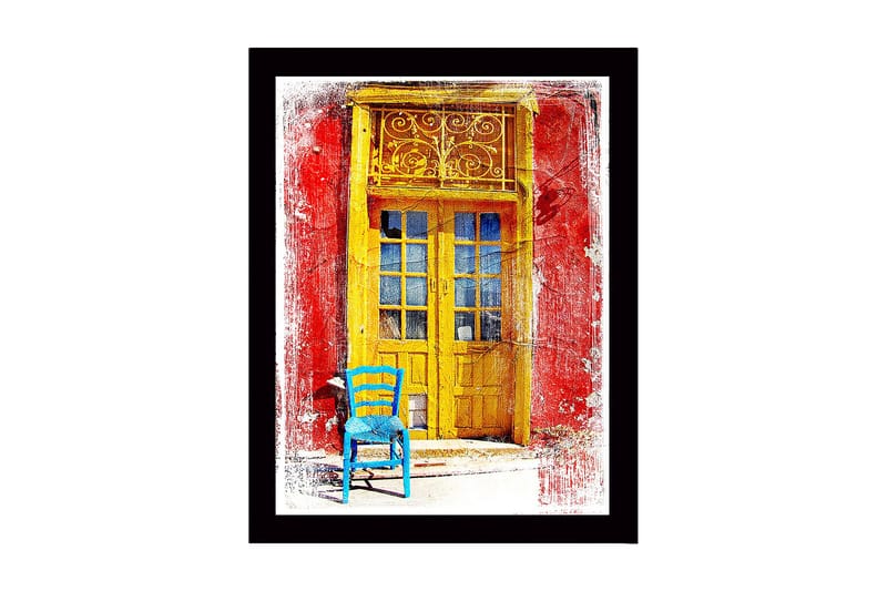 Innrammet trelerretsbilde - 41x56 cm - Gyllen dør med en blå stol foran på en rød vegg, Gul / Blå / Rød