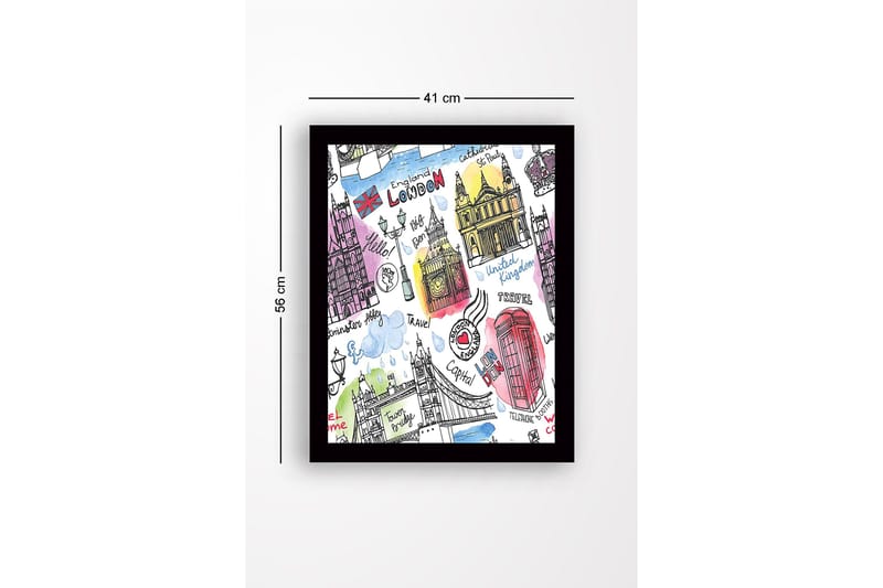 Innrammet trelerretsbilde - 41x56 cm - Illustrert kart over London med kjente landemerker og symboler - Rød / Blå / Lilla - Innredning - Bilder & kunst