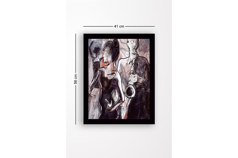 Innrammet trelerretsbilde - 41x56 cm - Jazzmusiker som spiller saksofon med dansende silhuetter i bakgrunnen - Mørk rød / Grå / Svart - Innredning - Bilder & kunst