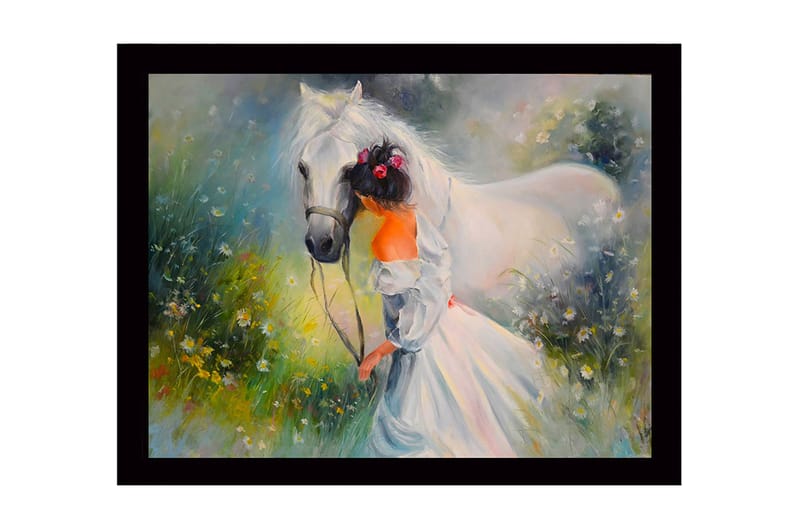 Innrammet trelerretsbilde - 41x56 cm - Jente som leder en hvit hest i en blomstrende eng, Hvit / Grønn / Oransje