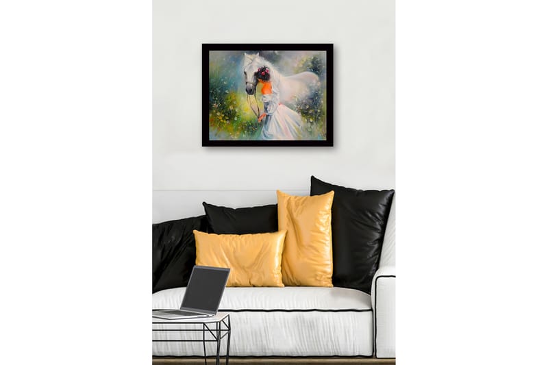 Innrammet trelerretsbilde - 41x56 cm - Jente som leder en hvit hest i en blomstrende eng - Hvit / Grønn / Oransje - Innredning - Bilder & kunst