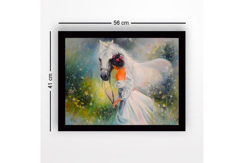 Innrammet trelerretsbilde - 41x56 cm - Jente som leder en hvit hest i en blomstrende eng - Hvit / Grønn / Oransje - Innredning - Bilder & kunst