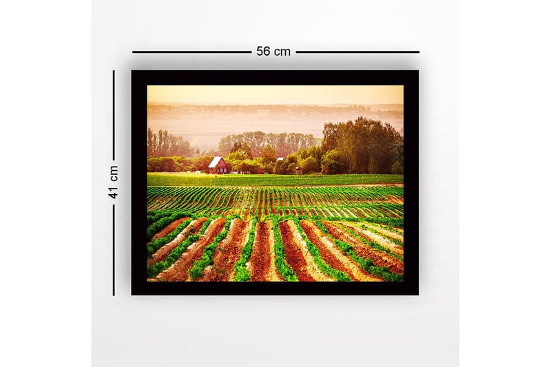 Innrammet trelerretsbilde - 41x56 cm - Landlig scene med et rødt hus omgitt av grønne åkre og pløyde åkrer - Grønn / Oransje / Rød - Innredning - Bilder & kunst