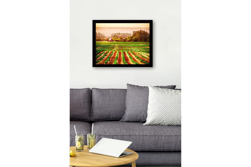 Innrammet trelerretsbilde - 41x56 cm - Landlig scene med et rødt hus omgitt av grønne åkre og pløyde  åkrer - Grønn / Oransje / Rød - Innredning - Bilder & kunst