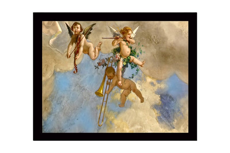 Innrammet trelerretsbilde - 41x56 cm - Lekne engler spiller musikk i en overskyet himmel - Lys blå / Beige / Gull - Innredning - Bilder & kunst