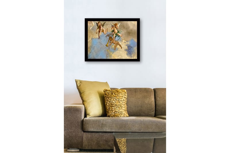 Innrammet trelerretsbilde - 41x56 cm - Lekne engler spiller musikk i en overskyet himmel - Lys blå / Beige / Gull - Innredning - Bilder & kunst