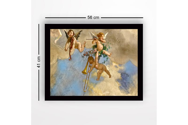 Innrammet trelerretsbilde - 41x56 cm - Lekne engler spiller musikk i en overskyet himmel - Lys blå / Beige / Gull - Innredning - Bilder & kunst
