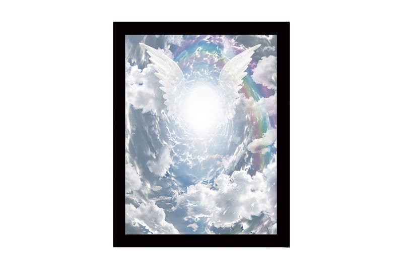 Innrammet trelerretsbilde - 41x56 cm - Lyse englevinger som strekker seg mot en strålende lyskilde i en dramatisk himmel, Hvit / Lys blå / Grå