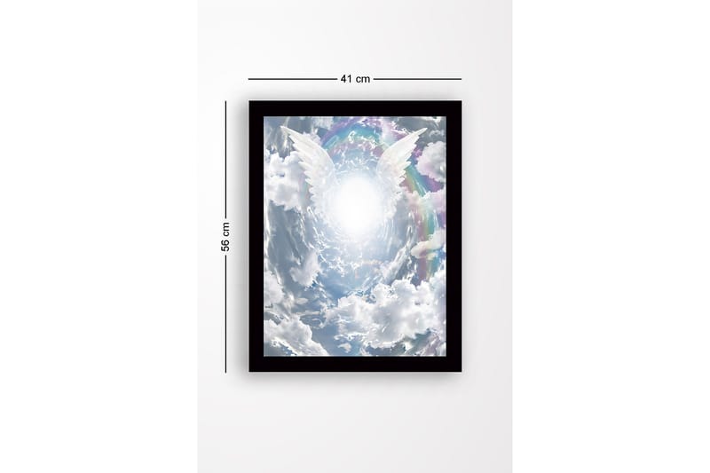 Innrammet trelerretsbilde - 41x56 cm - Lyse englevinger som strekker seg mot en strålende lyskilde i en dramatisk himmel - Hvit / Lys blå / Grå - Innredning - Bilder & kunst