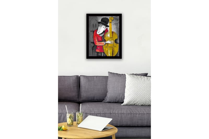 Innrammet trelerretsbilde - 41x56 cm - Musiker som omfavner en kontrabass - Gul / Rød / Grå - Innredning - Bilder & kunst