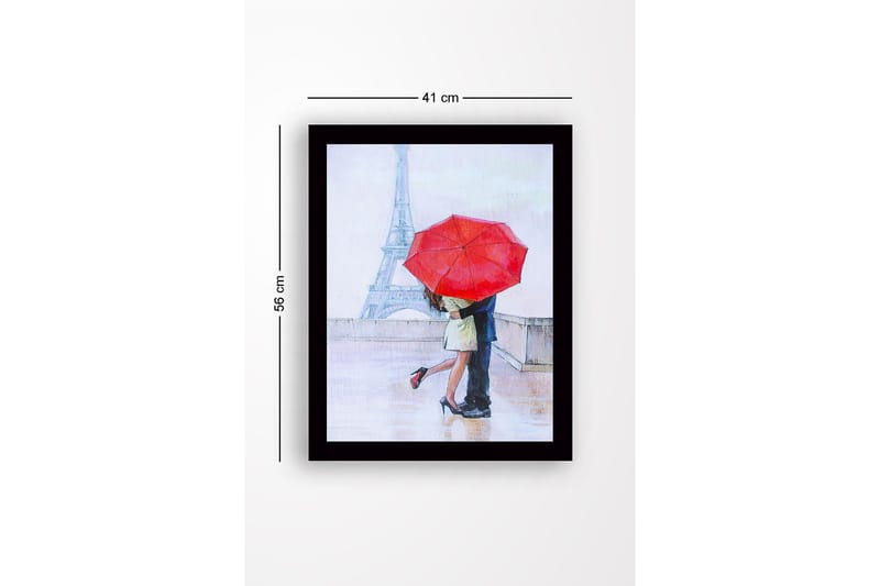 Innrammet trelerretsbilde - 41x56 cm - Romantisk kyss under en rød paraply i Paris - Rød / Beige / Blå - Innredning - Bilder & kunst