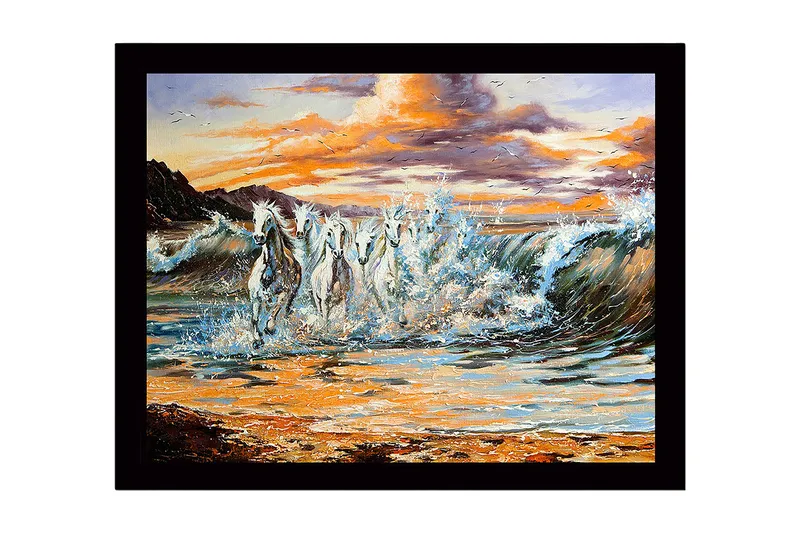 Innrammet trelerretsbilde - 41x56 cm - Sprudlende hester galopperer gjennom bølgene ved solnedgang, Hvit / Blå / Oransje