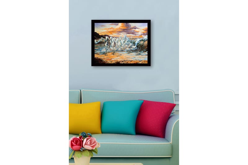 Innrammet trelerretsbilde - 41x56 cm - Sprudlende hester galopperer gjennom bølgene ved solnedgang - Hvit / Blå / Oransje - Innredning - Bilder & kunst
