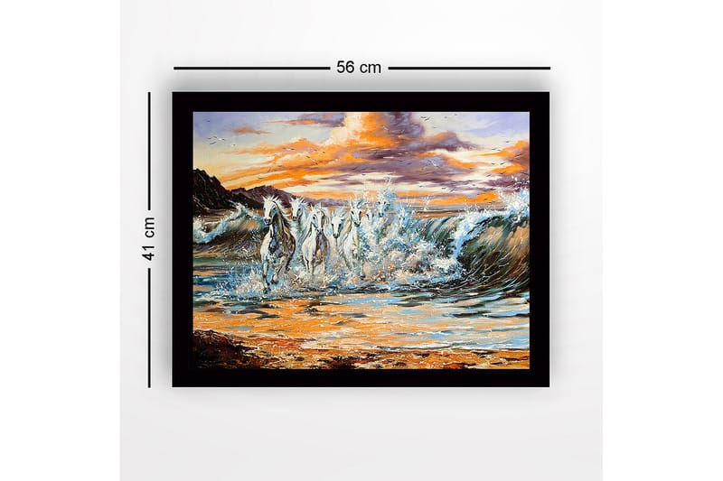 Innrammet trelerretsbilde - 41x56 cm - Sprudlende hester galopperer gjennom bølgene ved solnedgang - Hvit / Blå / Oransje - Innredning - Bilder & kunst