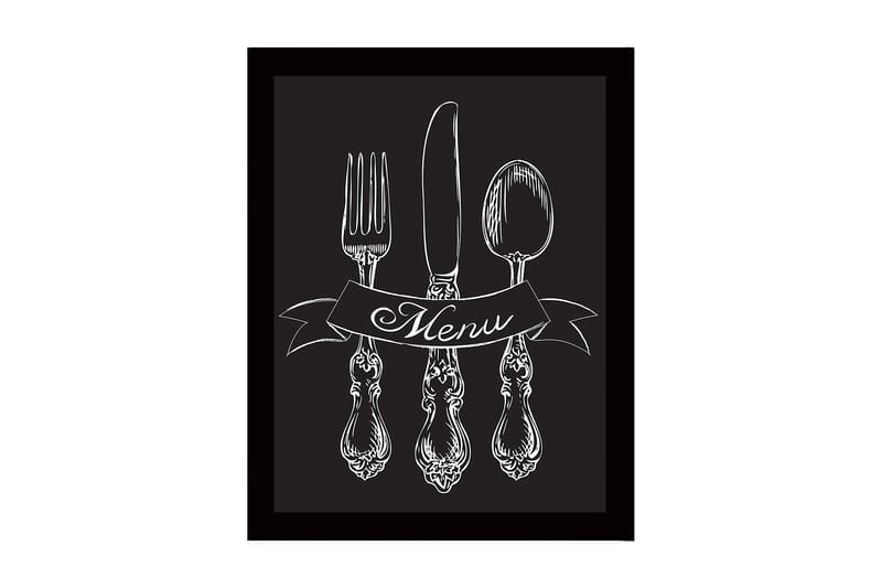 Innrammet trelerretsbilde - 41x56 cm - Stilisert bestikksett med banner som viser ordet Menu, Hvit / Svart
