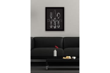 Innrammet trelerretsbilde - 41x56 cm - Stilisert bestikksett med banner som viser ordet Menu - Hvit / Svart - Innredning - Bilder & kunst