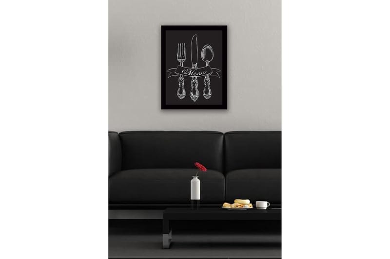 Innrammet trelerretsbilde - 41x56 cm - Stilisert bestikksett med banner som viser ordet Menu - Hvit / Svart - Innredning - Bilder & kunst