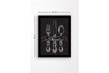 Innrammet trelerretsbilde - 41x56 cm - Stilisert bestikksett med banner som viser ordet Menu - Hvit / Svart - Innredning - Bilder & kunst