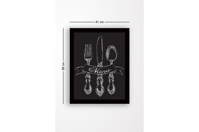Innrammet trelerretsbilde - 41x56 cm - Stilisert bestikksett med banner som viser ordet Menu - Hvit / Svart - Innredning - Bilder & kunst