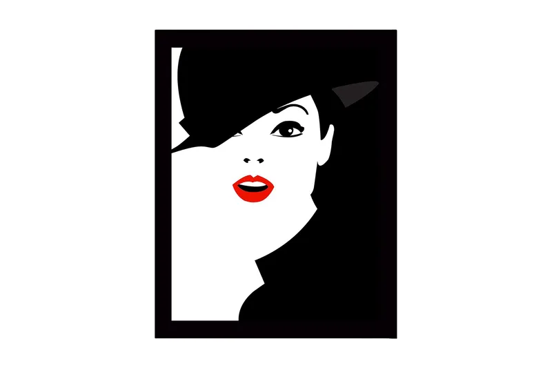 Innrammet trelerretsbilde - 41x56 cm - Stilisert portrett av en kvinne med hatt og rød leppestift, Svart / Hvit / Rød