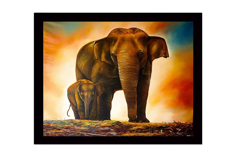 Innrammet trelerretsbilde - 41x56 cm - Storslått elefant med en kalv som står nær moren sin, Brun / Oransje / Beige