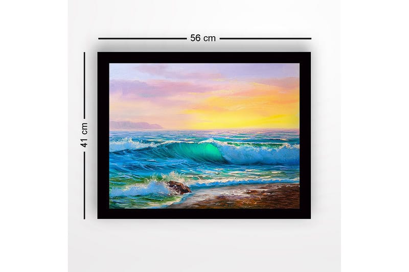 Innrammet trelerretsbilde - 41x56 cm - Storslått havutsikt med bølger som bryter mot kysten - Turkis / Blå / Oransje - Innredning - Bilder & kunst