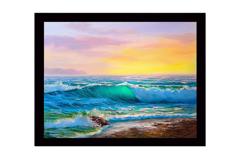 Innrammet trelerretsbilde - 41x56 cm - Storslått havutsikt med bølger som bryter mot kysten, Turkis / Blå / Oransje