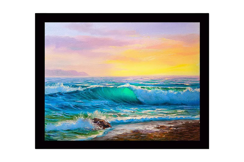 Innrammet trelerretsbilde - 41x56 cm - Storslått havutsikt med bølger som bryter mot kysten, Turkis / Blå / Oransje