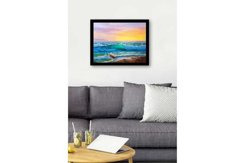 Innrammet trelerretsbilde - 41x56 cm - Storslått havutsikt med bølger som bryter mot kysten - Turkis / Blå / Oransje - Innredning - Bilder & kunst