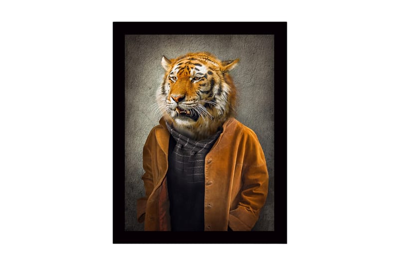 Innrammet trelerretsbilde - 41x56 cm - Tigerhode på en menneskekropp iført en brun jakke - Oransje / Brun / Svart - Innredning - Bilder & kunst