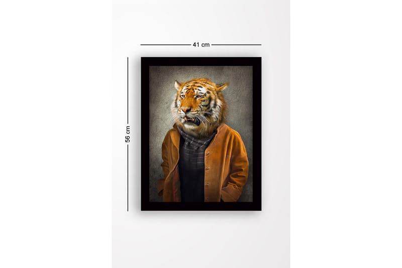 Innrammet trelerretsbilde - 41x56 cm - Tigerhode på en menneskekropp iført en brun jakke - Oransje / Brun / Svart - Innredning - Bilder & kunst