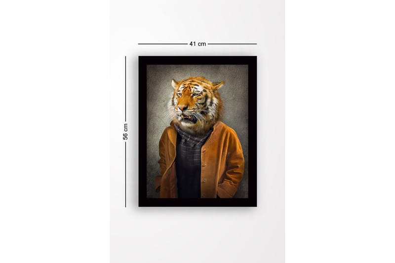 Innrammet trelerretsbilde - 41x56 cm - Tigerhode på en menneskekropp iført en brun jakke - Oransje / Brun / Svart - Innredning - Bilder & kunst