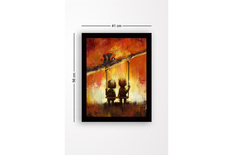 Innrammet trelerretsbilde - 41x56 cm - To barn som svinger sammen under en fargerik himmel - Rød / Oransje / Svart - Innredning - Bilder & kunst