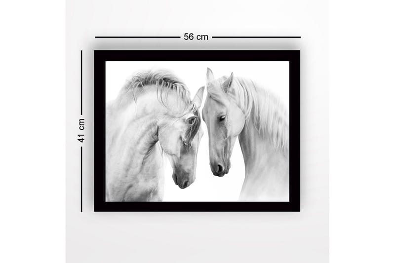 Innrammet trelerretsbilde - 41x56 cm - To majestetiske hester som lener hodene mot hverandre - Hvit / Grå - Innredning - Bilder & kunst