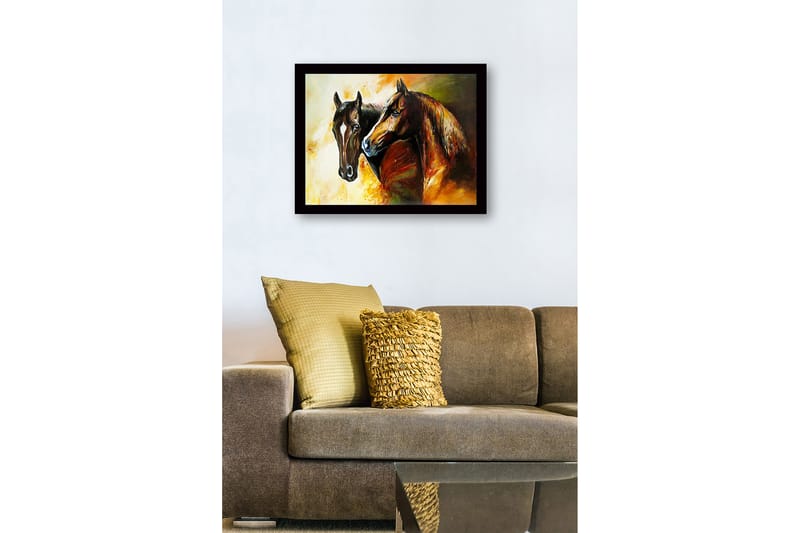 Innrammet trelerretsbilde - 41x56 cm - To majestetiske hester som står tett inntil hverandre - Brun / Svart / Oransje - Innredning - Bilder & kunst