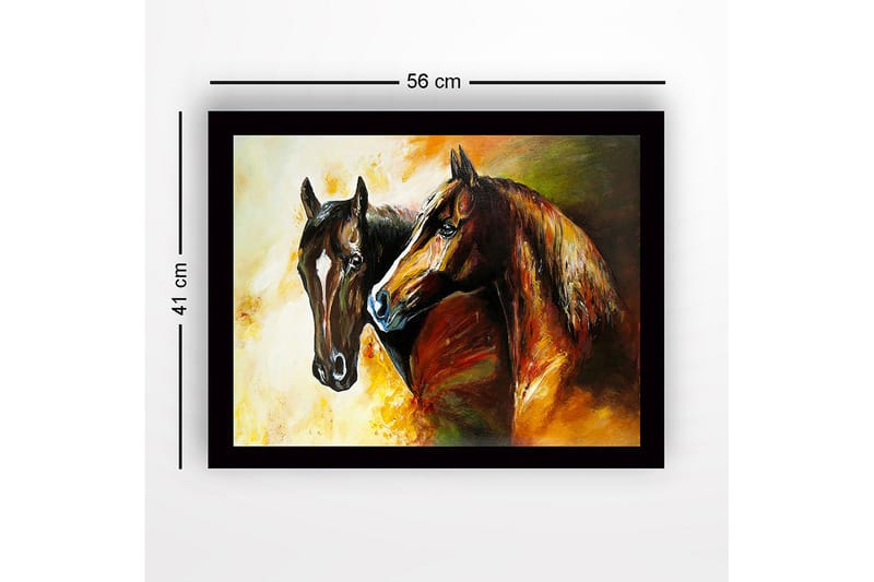 Innrammet trelerretsbilde - 41x56 cm - To majestetiske hester som står tett inntil hverandre - Brun / Svart / Oransje - Innredning - Bilder & kunst