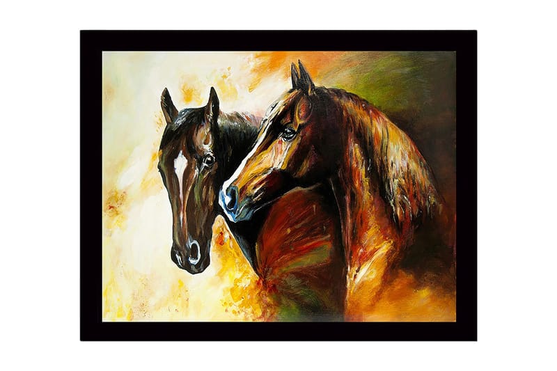 Innrammet trelerretsbilde - 41x56 cm - To majestetiske hester som står tett inntil hverandre, Brun / Svart / Oransje