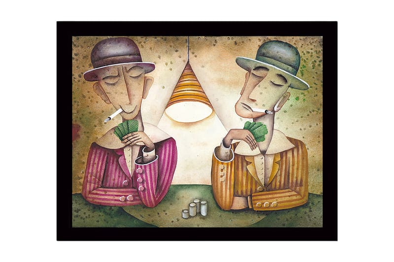 Innrammet trelerretsbilde - 41x56 cm - To menn som spiller kort under en lampe - Grønn / Brun / Beige - Innredning - Bilder & kunst