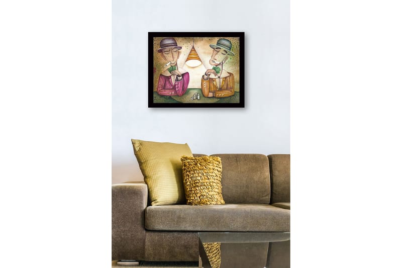 Innrammet trelerretsbilde - 41x56 cm - To menn som spiller kort under en lampe - Grønn / Brun / Beige - Innredning - Bilder & kunst