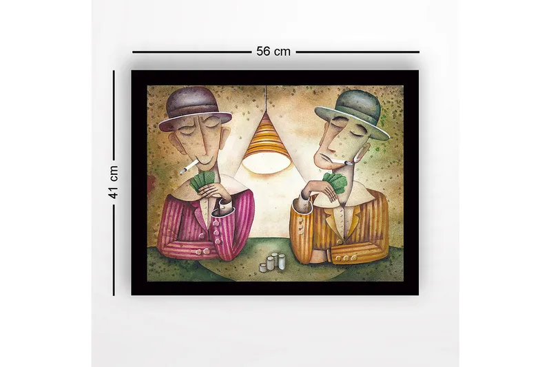 Innrammet trelerretsbilde - 41x56 cm - To menn som spiller kort under en lampe - Grønn / Brun / Beige - Innredning - Bilder & kunst